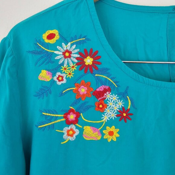 This & That Sz L Turquoise Floral Embroidered Viscose Blouse Boxy Top Boho Summe - Picture 2 of 9